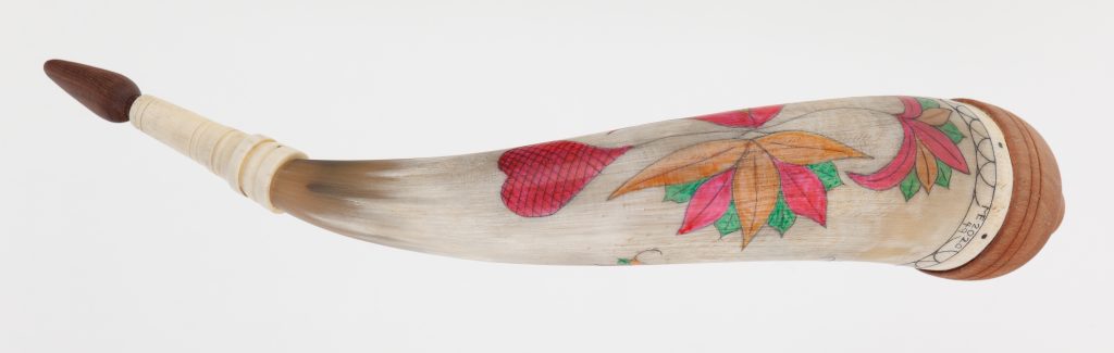 Horn #49 - An applied-tip powder horn with color fraktur engraving of the owners name, flowers, and a heart - Bottom