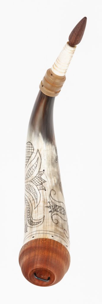 Horn #52 - Small Fraktur engraved applied-tip powder horn- Top