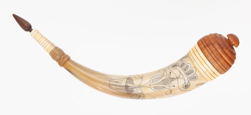 Horn #53 - Medium Banded, Fraktur engraved, applied-tip powder horn- Outside