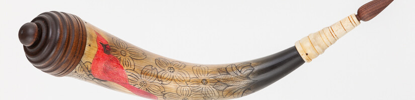 Horn #57 - Early VA Powder Horn with Color Scrimshaw showing a male Cardinal and dogwood flowers.